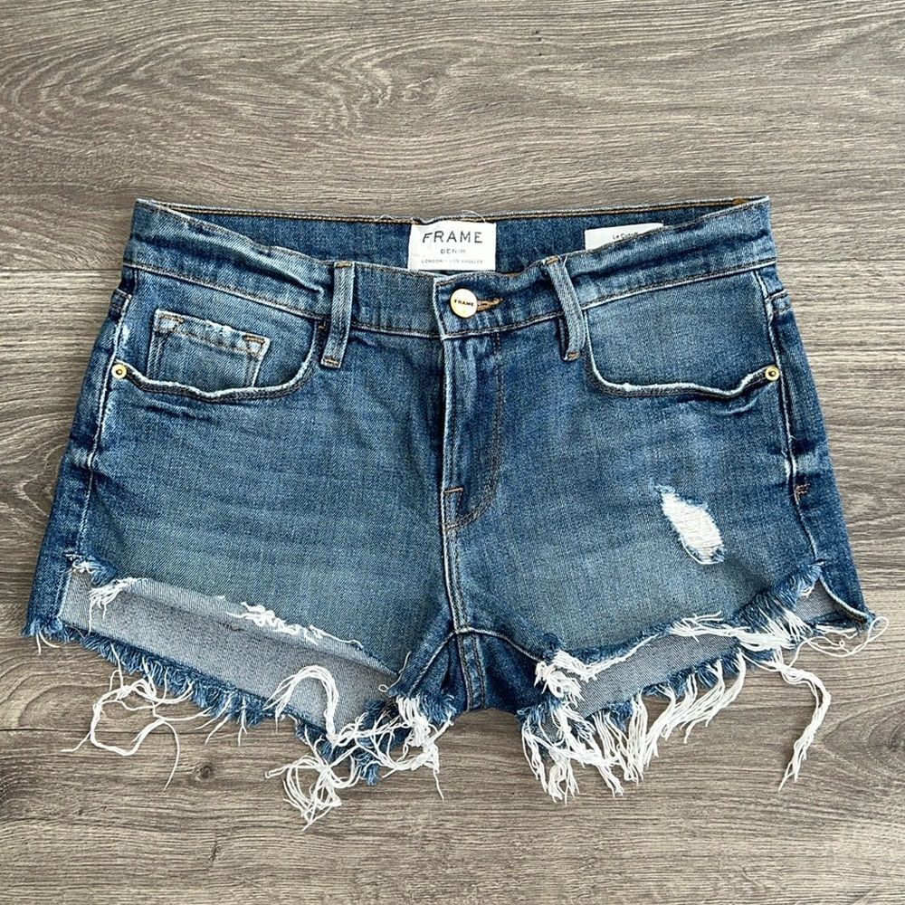FRAME Le Cutoff Shorts Size 25 Valle Blue Distressed Raw Hem Stretch Festival